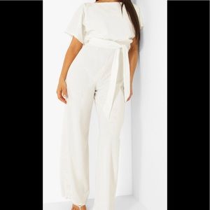 White short-sleeves, wide-leg jumpsuit.
